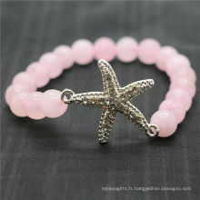 Rose Quartz 8MM Perles rondes Stretch Gemstone Bracelet avec diamant alliage Starfish Piece
